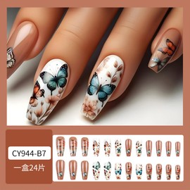 Flower Butterfly False Nails Spring Summer Press on Nails Long Square Glue on Nails Mirror Acrylic Nails for Women Girls