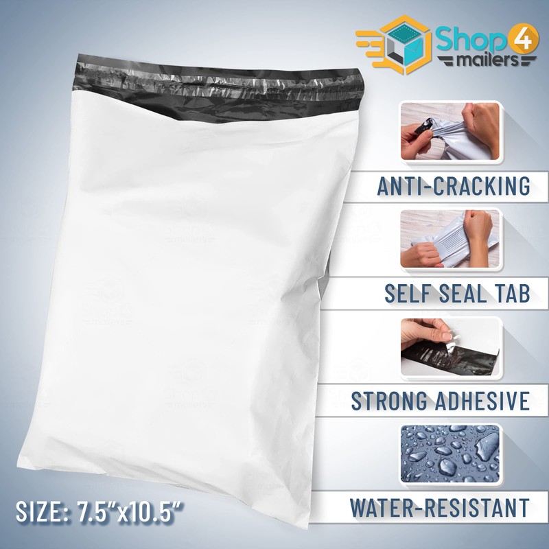 Shop4Mailers 7.5 x 10.5 Glossy White Plastic Self Seal Poly