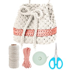 WEBEEDY DIY Macrame Bucket Bag Kit Boho Adjustable Macrame Bag Making Kit for Beginners with Video Tutorial,DIY Handbag Craft Kit with Cotton Cord for Women Shoulder Bag Holiday Beach Gift(Beige/Pink)