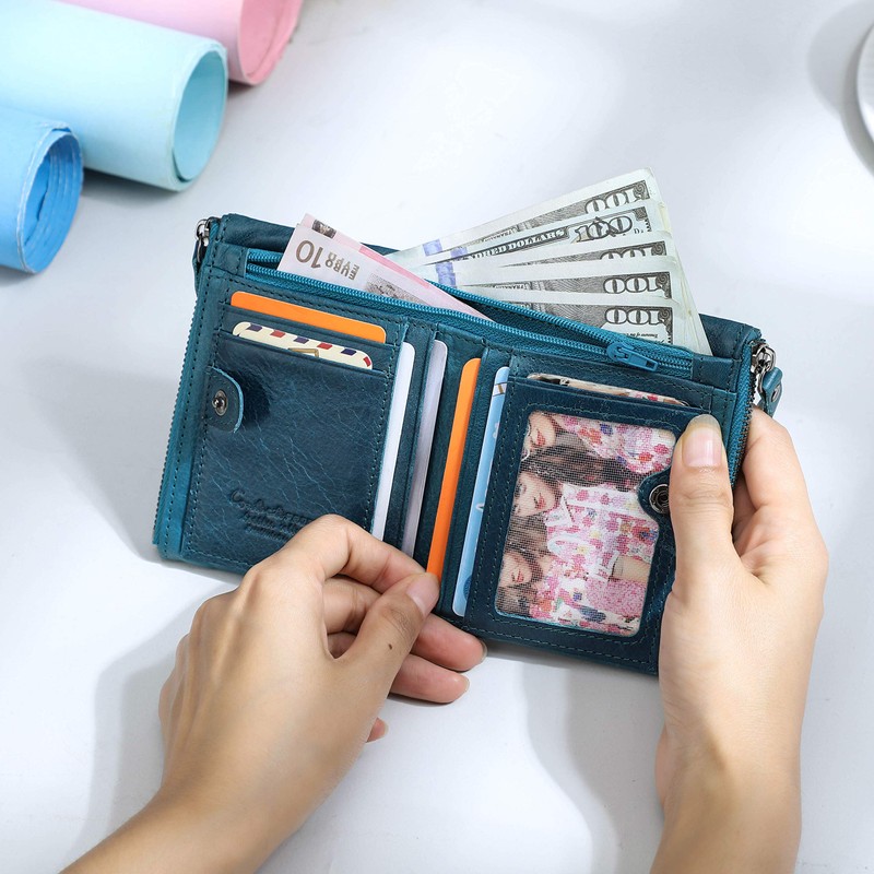 Contacts Men's Genuine Leather Bifold Wallet Double Zip Pocket Purse,