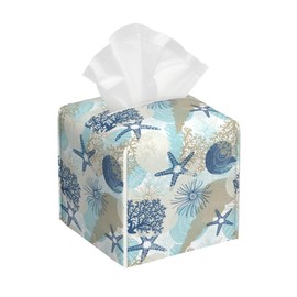 POIUBLE Tissue Box Holder Corals and Seashells Tissue Box Cover Square Leather Tissue Holder Organizer Portable Decorative Facial Paper Case for Home Office Bathroom Vanity Countertop