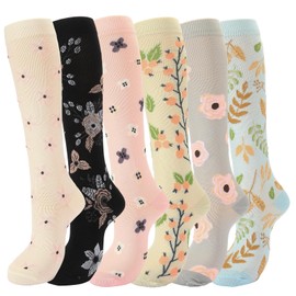 Viiotu 6 Pairs Compression Socks for Men Women Flying - 15-20mmhg - Flight Calf Support Socks for Circulation Graduated Support Hosiery Bamboo Travel Compression Socks (Flower, L/XL)