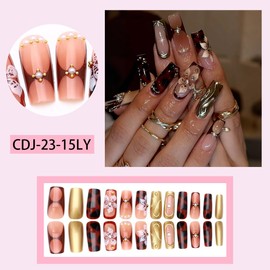 Long Press on Nails Square fake nails with Flower Designs Chrome Gold Acrylic Nails Full Cover Glue on Nails Artificial False Nails Reusable Stick on Nails for Women Girls Manicure Decorations 24Pcs