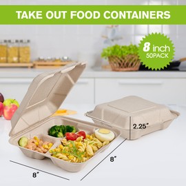 ECOLipak 50 Pack Clamshell To Go Containers, 100% Compostable Disposable Take Out Food Containers, 8X8 3-Compartment Heavy-Duty To Go Boxes,Eco-Friendly Biodegradable To Go Containers For Food