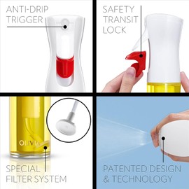 FLAIROSOL OLIVIA. The Original Advanced Oil Sprayer for Cooking, Kitchen, Salads, BBQs, Continuous Spray with Portion Control, 130ml Glass Olive Oil Sprayer(White Print)