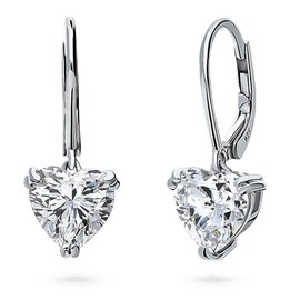 BERRICLE Sterling Silver Solitaire 3.4 Carat Heart Shaped Cubic Zirconia CZ Anniversary Leverback Dangle Drop Earrings for Women, Rhodium Plated