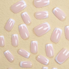 Press on Nails Medium Short Fake Nails White French & Square Acrylic Nails Light Pink Translucent Glue on Nails Glossy & Simple False Nails Reusable Stick on Nails for Women 24 Pcs