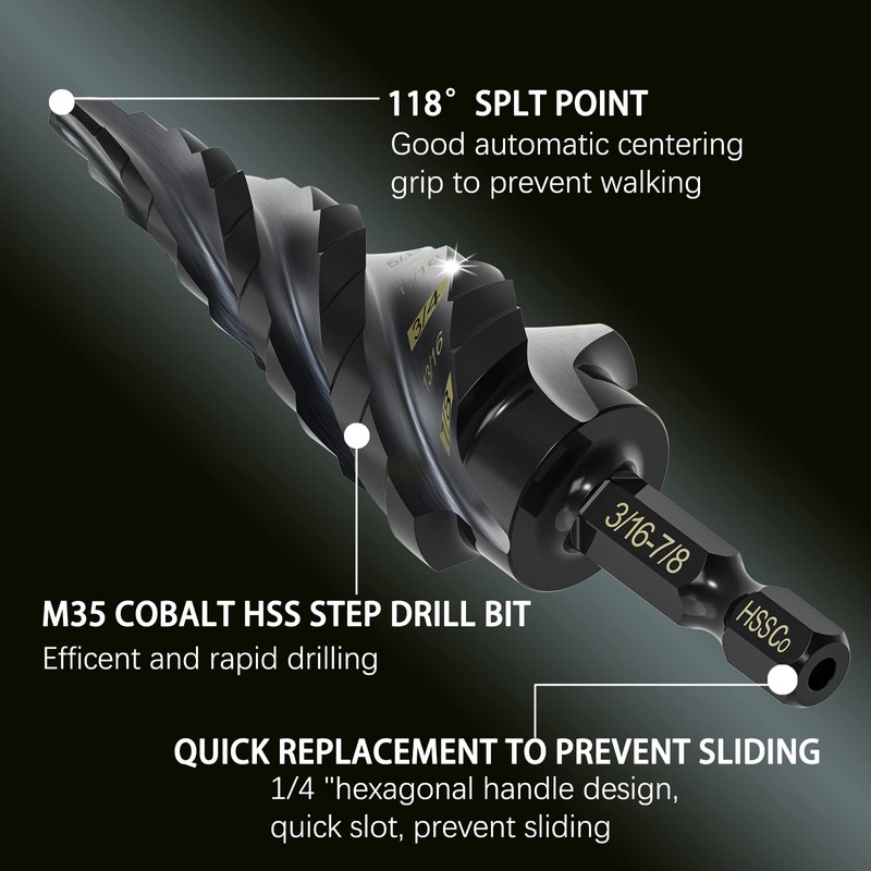 ENBMEI M35 Cobalt Step Drill Bit Four Spiral Flute, 3/16"-7/8"