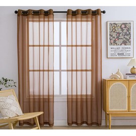 PI Tan Sheer Curtains 84 Inches Length with Rings Top,Lightweight Voile Textured Backdrop for Dinning Room/Living Room 2 Panels (W52XL84, Brown)