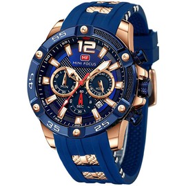 Mini Focus Men Watches Unique Casual Wrist Watches (Chronograph/Waterproof/Luminous/Calendar/24 Hours) Silicon Band Fashion Watches for Men (Blue-Golden)