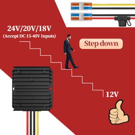 Voltage Converter 24V to 12V, Step Down 24V 12V 15A 180W with Fuse Waterproof and Quick Connector Cable Connector, Voltage Converter 24 to 12 for Golf Cart Light Truck. DC15-40V Wide Input