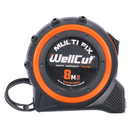 WellCut Retractable Tape Measure, with Metric & Imperial Dimensions, Rubberised Casing, Anti-Impact Design, Belt Clip, 8m, 25mm Wide (??WC-MT825)