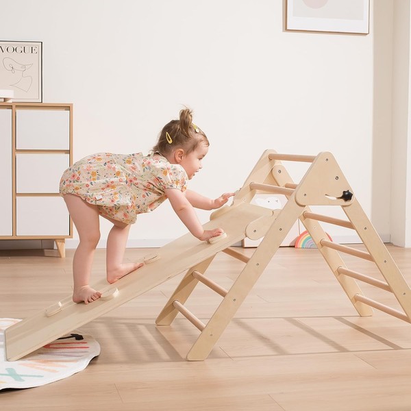 Foldable Wooden Climbing Frame Set, Toddler Wooden Climbing Pikler Triangle with Sliding Ramp, Baby Climbing Frame, Indoor Climbing Frames Ladder for Kids in 1-6 Years