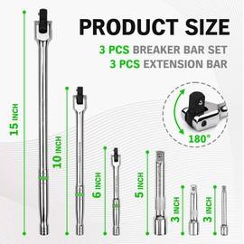 SWANLAKE 6PC Breaker Bar Set,1/4", 3/8" & 1/2" Drive,Heavy Duty Breaker Bars, 6-inch, 10-inch, 15-inch Length with 180° Rotatable Head