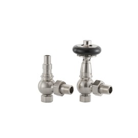 UK-28 BRN Arroll traditional thermostsic radiator valve in Brushed nickel with FSC certified black wooden wheel head & lockshield