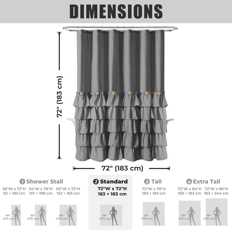 Seasonwood Grey Shower Curtain Ruffle Shower Curtain with Button 72
