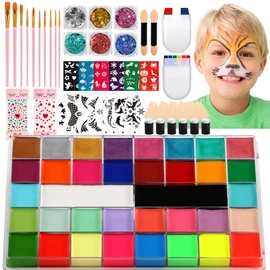 Face Painting Kit Professional Face Body Paint Oil Palette 36 Colors Include 8 UV Glow Colors Brushes Glitter Gel Sponges Facepaint Sticks Gems Stickers