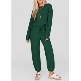 KIRUNDO Lounge Sets for Women Travel Airport Outfits Lightweight Tops Drawstring Pants Tracksuit Jogger Set Postpartum, Dark Green, Medium