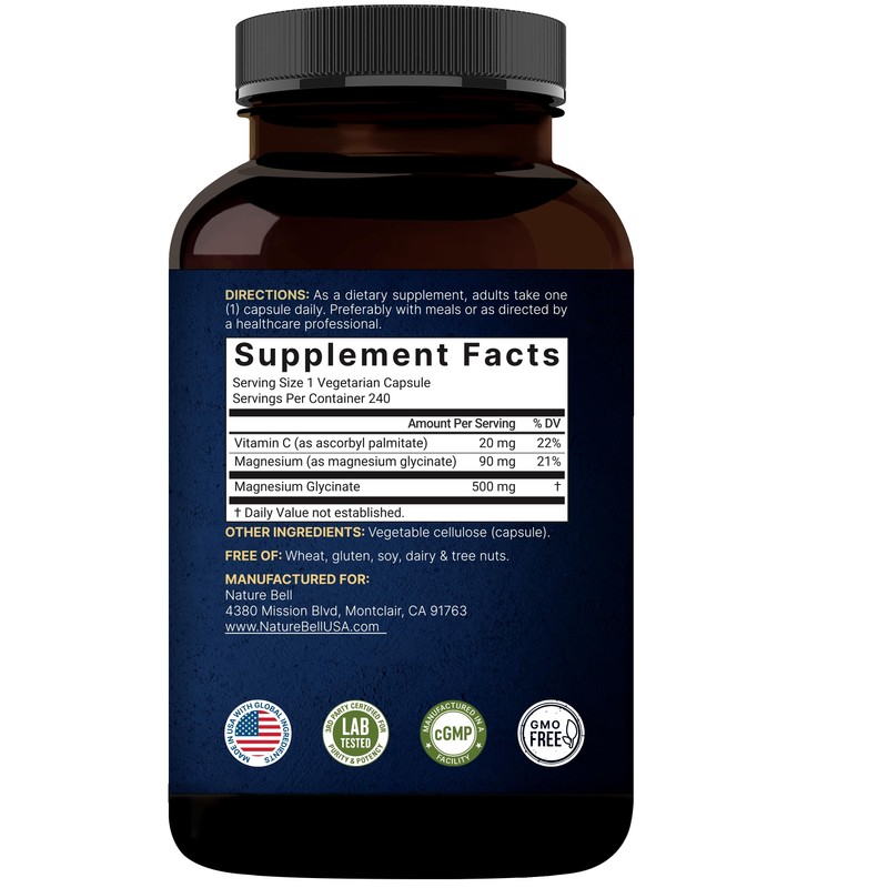 NatureBell Pure Magnesium Glycinate 500mg Per Serving, 240 Veggie Capsules