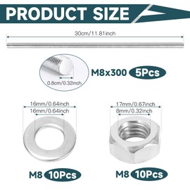 Pack of 5 Threaded Rods M8 x 300 mm, Threaded Rods M8 with Nuts and Washers, Threaded Rod Galvanised Steel, Threaded Rods for Mounting Furniture