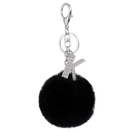 Czsycdsf Crystal Initial Letter A-Z Puff Fur Ball Keychain, Black Pom Pom Keyrings Soft Faux Rabbit Fur Balls Key Chain Fluffy Keyrings Car Keyring Pendant Artificial Fur Ball Key Ring Accessory, K