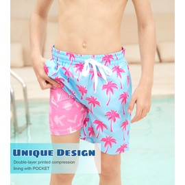 Cozople Pink Boys Swim Trunks Size 8 Stretchy Compression Liner Swim Shorts Quick Dry Palm Tree Bathing Suit No Mesh Surf Swimsuit with Inner Pocket for Summer Vacation