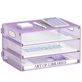 DALTACK 3 Tier Letter Tray Paper Organizer with Handle, Mesh Desk File Organizer, Paper Tray Desk Organizer for School Office Home, Metal Mesh, Purple