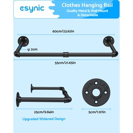 eSynic 2 Pack Wall Clothes Rail 60cm Wall Mounted Clothes Rack Retro Black Industrial Pipe Clothes Rail Heavy Duty Metal Garment Rail Hanging Bar for Coats All-Season Clothes in Bedroom Cloakroom etc