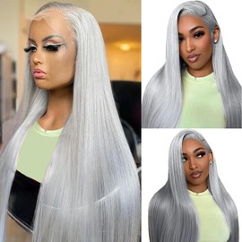 Ubetta Grey Lace Front Wigs Human Hair, 28 Inch Silver Grey Glueless Wigs Human Hair Pre Plucked HD 13x6 Lace Front Wig Silver Gray Wig for Black Women 180% Density Straight Lace Frontal Wigs