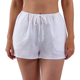 Amazhiyu Women's 100% Linen Lightweight Summer Casual Elastic Waist Comfy Shorts White, Medium
