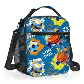 Clastyle Blue Graffiti Ball Insulated Lunch Bag for Kids, Portable Large Thermal Cooler Lunch Bag for Boys, School Lunch Box Bag with Bottle Holder