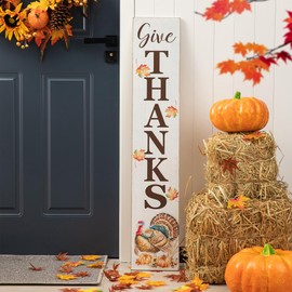Glitzhome 42"H Thanksgiving Wooden Give Thanks Porch Sign, Vertical Farmhouse Hanging Sign Pumpkin Turkey Porch Décor for Fall Harvest Thanksgiving Autumn Indoor Outdoor Decorations