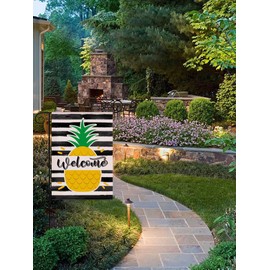 Welcome Summer Pineapple Stripes Garden Flag,Hello Summer Cute Double Sided Seasonal Burlap Flag for Yard Lawn Outdoor Decor 12.5x18 inch