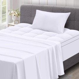 MASVIS 3 Piece Twin Size Mattress Topper Set - Soft Bed Sheets Set - Extra Thick Mattress Pad Cover for Back Pain - Overfilled Plush Pillow Top with 8-21 Inch Deep Pocket - White