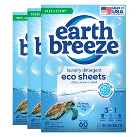 Earth Breeze Laundry Detergent Sheets Fresh Scent - 60 Loads per package. Eco Liquidless Soap - Travel-Friendly for Hot & Cold Cycles, Tackles Tough Stains & Odors - Gentle on Skin, 30 sheets (3 Pack)