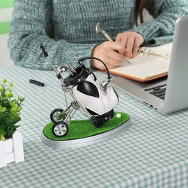 Golf Pen, 3 Pens with Pen Holder, Golf Prizes, Golf Favors, Golf Gifts, Table Stand with Mini PU Golf Bag (Black + White (With Lawn))