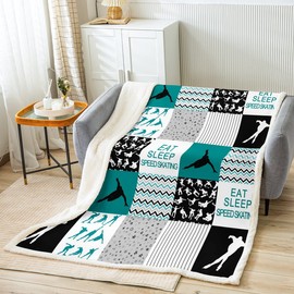 Ice Skating Throw Blanket Skating Speed Sports Gaming Fleece Blanket Geometric Plaid Patchwork Bed Blankets for Kids Boys Girls Room Decor Green Black Grey Stripes Fuzzy Blanket,50"×60"