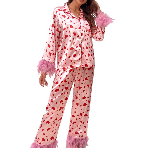 WERNZATT Valentine's Day Pajama Set for Womens Long Sleeve Heart/Bow