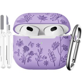 DXITROMI for Airpods 3rd Generation Case - Flower Engraved Soft Silicone Case Compatible with Airpods Case 3rd Generation - Cute Case for Airpod 3rd Generation with Cleaner Kit & Keychain (Purple)