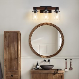 Aixialin Farmhouse Wood Vanity Light for Bathroom, 3-Light Wood Bathroom Vanity Light Fixtures Over Mirror, Rustic Sconces Wall Lighting with Metal Lampshade for Bathroom, Bedroom, Hallway