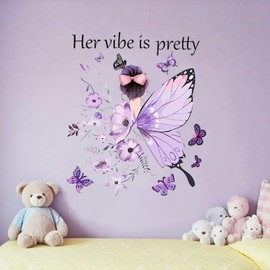 Witwatia Wall Stickers for Girls Room, Purple Flower Fairy Butterfly Wall Decor, DIY Removabl Waterproof Cute Princess Wall Decals for Nursery Bedroom Classroom Bathroom Playroom Home School Kids