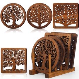 Beeveer 5 Pcs Life Tree Wooden Trivets with Storage Rack Hot Pads Trivets for Hot Dishes Pots and Pans Heat Resistant Trivet Mat Set Tea Pot Holders for Kitchen Dining Table(Dark Wood,One Size)