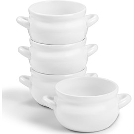 KooK French Onion Soup Crocks with Handles, Ceramic, Dishwasher, Microwave, Oven & Broil Safe, White Set of 4, 18 oz