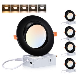 CLOUDY BAY [4 Pack] 6 inch 5 Color Swivel LED Gimbal Recessed Light with Junction Box IC Rated Air Tight,120V CRI90+,2700K/3000K/3500K/4000K/5000K Selectable,Black