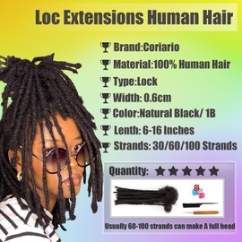 Coriario Natural Locs Extensions Human Hair 8 Inch 30 Strands 0.6cm Dreadlock Human Hair Dread Locks Hair Extensions for Men/Women/Kids