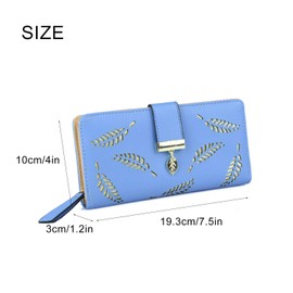 Women's Purse in PU Leather with Leaf Pendant, 12 Card Slots, Sections for Coins and Notes, blue