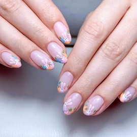 24Pcs Easter Press on Nails Cute Bunny Fake Nails Almond Shape Glue on Nails Glossy French Nails Press on Rabbit Flower Designs Easter Day False Nails Spring Stick on Nails for Women Party Nail Decor