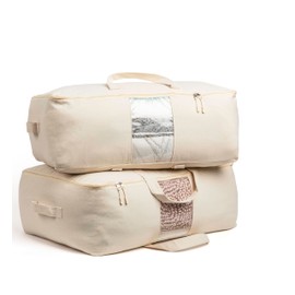 Soft Canvas Storage Bags with Zipper. Thick Breathable, 2pc King/Queen Comforter Organizer. Four Carrying Handles and Window. Large 25x19x9in Bag for Sheets Blankets Bedding Pillows, Clothes