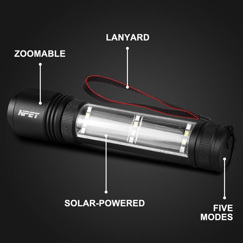 NPET T08-2 Solar Power Flashlight Car Flashlight USB Rechargeable Tactical