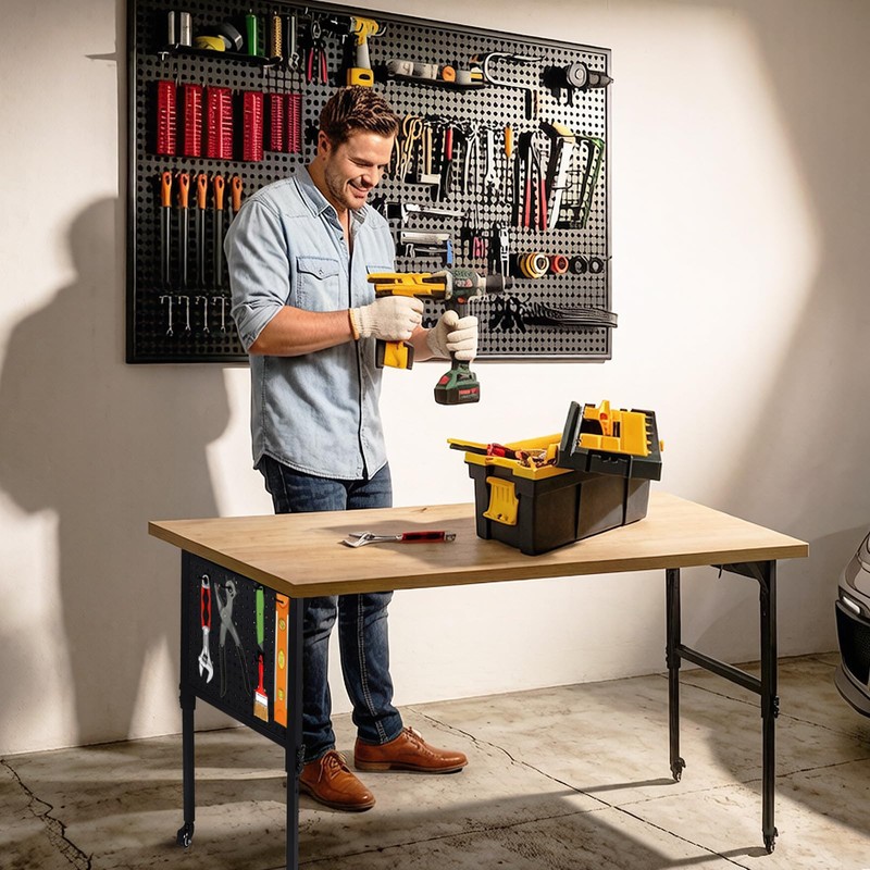 Adjustable Height Workbench Legs with 4 Metal Wheels, Sturdy Industrial